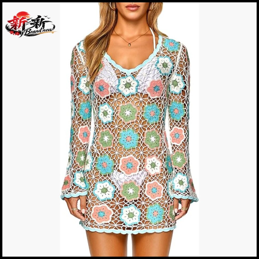 Crochet Beach Cover Up Dress With 3d Camellia Embroidery Bell Sleeves